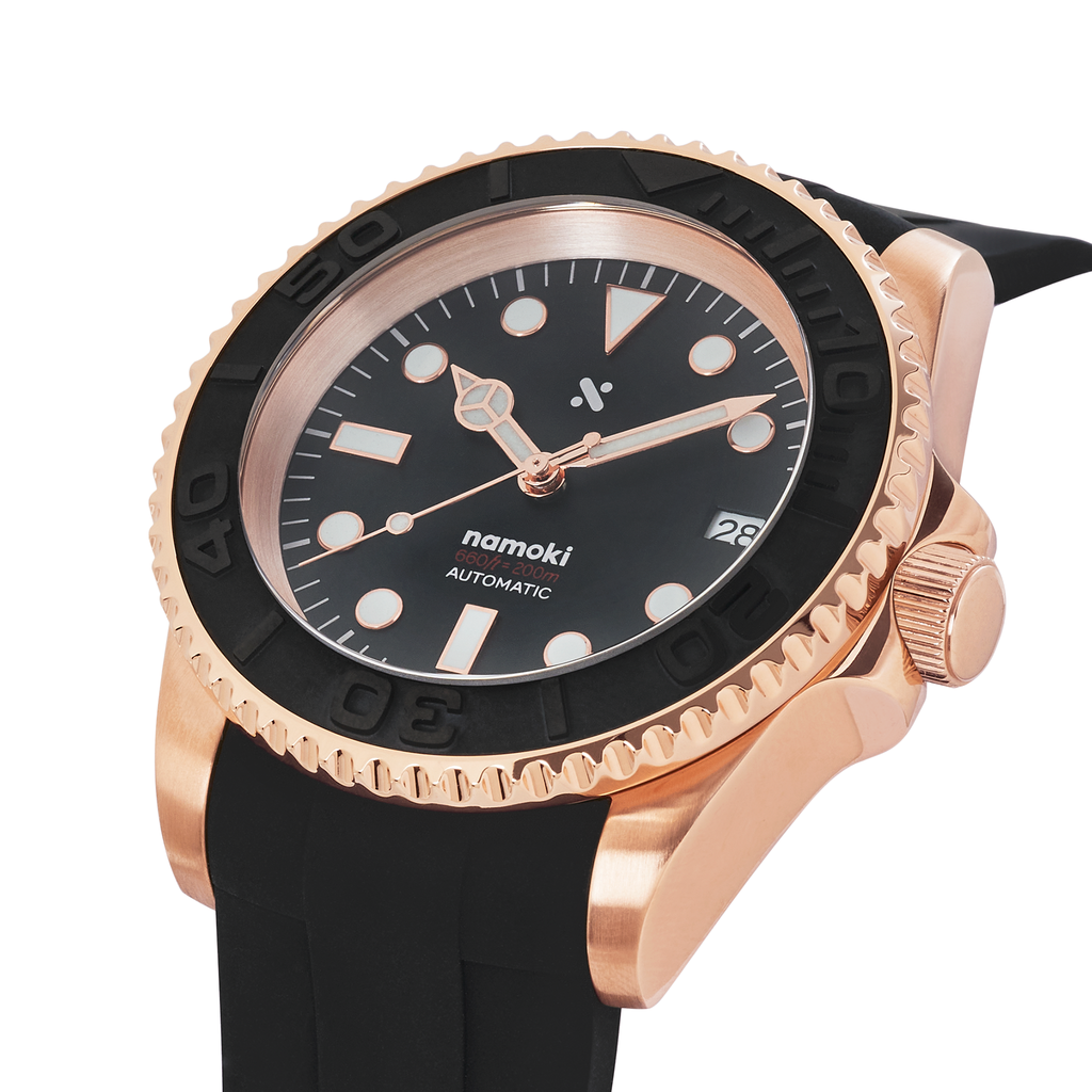 NMK03 Automatic Dive Watch: YM Rose Gold with Fitted Rubber Strap