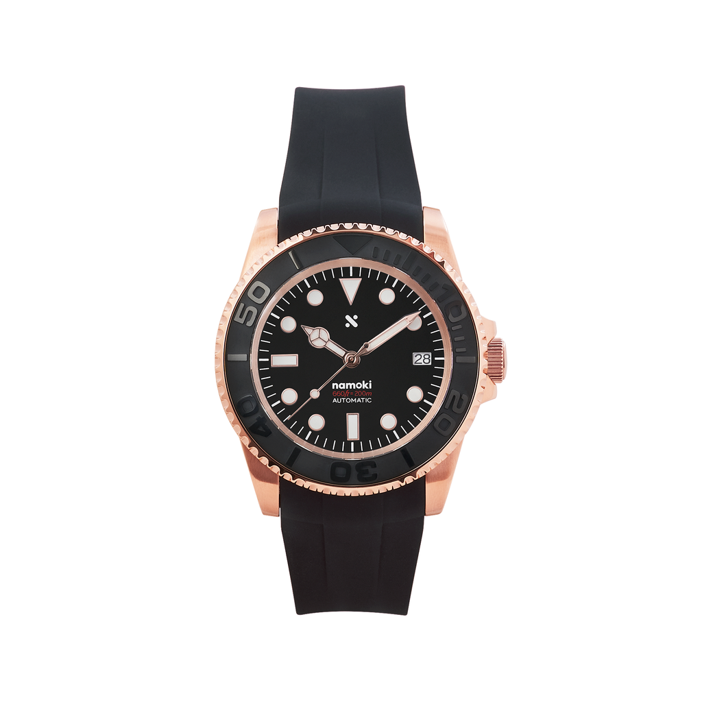 NMK03 Automatic Dive Watch: YM Rose Gold with Fitted Rubber Strap