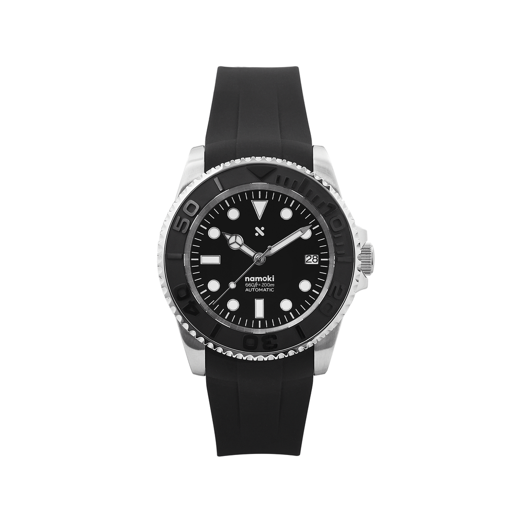 NMK01 Automatic Dive Watch: YM Black with Fitted Rubber Strap